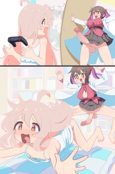 1futa 1girl 2koma absurdres ahoge barefoot black_hair black_skirt blush breasts brown_eyes censored comic controller cromachina erection feet flat_chest futa_with_female futanari game_controller gamepad genderswap genderswap_(mtf) highres incest lab_coat large_breasts large_penis loli long_hair long_sleeves looking_at_another mosaic_censoring nipples no_panties onii-chan_wa_oshimai! open_mouth oyama_mahiro oyama_mihari penis pink_hair purple_hair red_shirt shirt siblings sisters skirt tearing_up testicles tongue twintails yellow_eyes