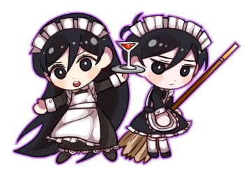 Rule 34 | 1boy, 1girl, absurdly long hair, alcohol, alternate costume, antenna hair, apron, arms at sides, back-to-back, black dress, black eyes, black hair, black shoes, bright pupils, broom, brother and sister, chibi, chibi only, closed mouth, collared dress, commentary request, contrast collar, crossdressing, crossdressing (mtf), cup, dot nose, double-parted bangs, dress, drinking glass, enmaided, flat chest, frilled apron, frilled dress, frills, frown, full body, glass, hair behind ear, hair between eyes, headdress, holding, holding broom, holding tray, jitome, korean commentary, long dress, long hair, long sleeves, looking at viewer, maid, maid apron, maid headdress, mari (faraway) (omori), mari (omori), medium dress, omori, open mouth, outline, outstretched arms, purple outline, red wine, shoes, short hair, siblings, simple background, sleeve cuffs, standing, straight hair, sunny (omori), tareme, teeth, thighhighs, tray, upper teeth only, v-shaped eyebrows, very long hair, very short hair, white apron, white background, white headdress, white pupils, white thighhighs, wine, wine glass, yougotnacho, zettai ryouiki