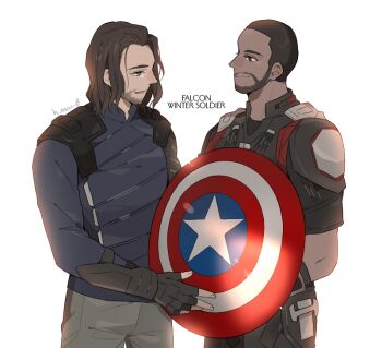 2boys animification avengers:_endgame avengers:_infinity_war avengers_(series) beard blue_eyes blue_jacket brown_hair bucky_barnes buzz_cut captain_america_(series) cyborg facial_hair fingerless_gloves gloves jacket male_focus marvel marvel mechanical_arms multiple_boys namahamu_(hmhm_81) sam_wilson shield short_hair single_mechanical_arm stubble superhero_costume the_falcon the_falcon_and_the_winter_soldier very_short_hair winter_soldier