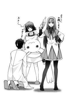 1boy 2girls :o absurdres akemi_homura akemi_homura_(cosplay) annoyed black_pantyhose blush comedic_sweatdrop commentary_request cosplay dress eibon greyscale highres holding_ray_gun kneeling kyubey lab_coat mahou_shoujo_madoka_magica makise_kurisu monochrome multiple_girls nervous_sweating no_shoes okabe_rintarou open_mouth pants pantyhose petticoat science_adventure shiina_mayuri slippers steins;gate sweat worried