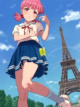 1girl blue_skirt blue_sky chousoku_spinner cloud commentary_request eiffel_tower grey_socks hair_bobbles hair_ornament highres kirisaki_mai kneehighs looking_at_viewer open_mouth outdoors paris pink_eyes pink_hair pleated_skirt real_world_location school_uniform short_hair short_sleeves short_twintails skirt sky socks solo twintails yazawa_happyaro yo-yo