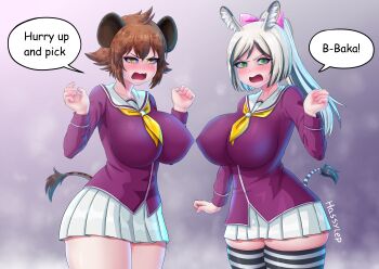 2girls absurdres alternate_breast_size animal_ears animal_print annoyed arm_at_side black_hair black_thighhighs breasts brown_hair covered_erect_nipples cowboy_shot embarrassed english_text eyebrows eyelashes female_focus gradient_background green_eyes half-closed_eyes hand_up hands_up hassylep highres huge_breasts hyena_ears hyena_girl hyena_tail long_hair long_sleeves looking_at_viewer madaraba_iena mashima_chloe multicolored_hair multiple_girls murenase!_shiiton_gakuen neckerchief open_mouth ponytail pov purple_background purple_shirt sailor_collar school_uniform shirt short_hair simple_background skirt standing striped_clothes striped_thighhighs tail thick_thighs thighhighs thighs tsundere two-tone_hair two-tone_thighhighs w_arms white_hair white_sailor_collar white_skirt white_thighhighs yellow_eyes yellow_neckerchief zebra_ears zebra_girl zebra_print zebra_tail