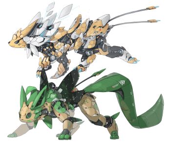 animal_focus black_sclera claws colored_sclera commentary electricity english_commentary full_body gen_1_pokemon gen_4_pokemon green_eyes highres joints jolteon leafeon mecha mechanical_tail mechanization nintendo no_humans non-humanoid_robot pokemon pokemon_(creature) pouncing robot robot_animal robot_joints science_fiction simple_background standing tail walking white_background xezeno