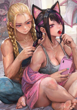Rule 34 | 2girls, alternate costume, alternate hairstyle, animal ears, aqua nails, bare legs, bare shoulders, barefoot, black hair, blonde hair, blue eyes, blue pants, blue sports bra, braid, braiding hair, breasts, cammy white, candy, cat ears, cleavage, closed mouth, collarbone, commentary request, crossed ankles, facial scar, food, hairdressing, han juri, heart, heterochromia, highres, holding, holding candy, holding food, holding lollipop, holding phone, indian style, indoors, large breasts, licking, lollipop, long hair, miche, multicolored hair, multiple girls, off shoulder, open mouth, pajamas, pants, phone, pink eyes, pink pajamas, purple streaks, scar, scar on cheek, scar on face, sidelocks, sitting, smartphone case, soles, sports bra, street fighter, sweatdrop, tank top, teeth, toned, toned female, twin braids, two-tone hair, upper teeth only, white tank top