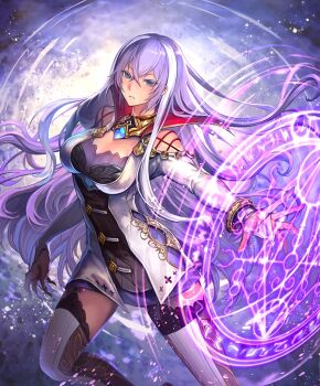 1girl blue_eyes blush breasts buttons feet_out_of_frame fingernails garter_straps gem gold isabelle_(shadowverse) large_breasts long_hair magic nijihara portal portal_(series) purple_hair serious shadowverse sharp_fingernails spell thighhighs very_long_hair