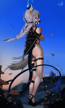 1girl absurdres anal_beads anal_tail armbinder ball_gag bare_shoulders blue_sky bound breasts butt_plug commentary_request drooling fake_tail gag gag_harness gagged gcoya_(artist) grey_hair heart heart-shaped_pupils highres long_hair looking_at_viewer medium_breasts nipple_piercing original piercing pony_play purple_eyes pussy_juice restrained sex sex_from_behind skindentation sky solo symbol-shaped_pupils tail thigh_strap walking wiffle_gag