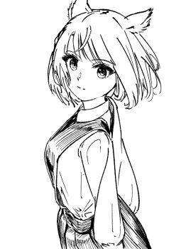 1girl alternate_costume animal_ear_fluff animal_ears arms_behind_back cat_ears cat_girl chin_bell closed_mouth commentary_request eyelashes greyscale highres mio_(xenoblade) monochrome pleated_skirt simple_background skirt smile white_background xenoblade_chronicles_(series) xenoblade_chronicles_3