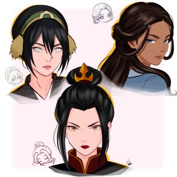 3girls artist_logo avatar_legends azula beads black_hair blind blue_eyes brown_hair chibi chococurrent commentary dark-skinned_female dark_skin eyelashes hair_beads hair_bun hair_ornament hair_up highres katara lipstick logo long_hair makeup multiple_girls orange_eyes pale_skin portrait red_lips simple_background toph_beifong untranslatable_commentary white_background white_eyes
