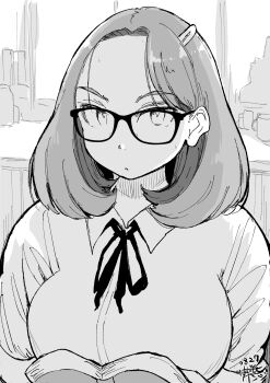 1girl absurdres book breasts dated glasses greyscale hadashi_no_kenji hair_ornament hairclip highres indoors large_breasts looking_at_viewer medium_hair monochrome open_book original solo
