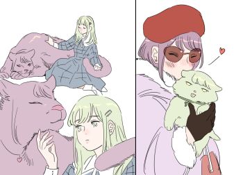 2girls animal animalization bang_dream! bang_dream!_it's_mygo!!!!! black_gloves cat closed_eyes closed_mouth coat earrings fur-trimmed_coat fur_trim gloves green_cat green_hair hat heart heart_necklace highres holding holding_animal holding_cat jewelry kiss kissing_animal long_hair milfcookiesimp multiple_girls necklace panther purple_coat purple_hair red_hat short_hair simple_background stud_earrings sunglasses tongue tongue_out wakaba_mutsumi white_background yellow_eyes yuutenji_nyamu