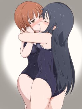 2girls absurdres ass bare_arms black_hair black_one-piece_swimsuit blunt_bangs blush breast_press breasts brown_eyes closed_eyes commentary_request commission competition_swimsuit grey_background highres hug kiss kurahashi_riko long_hair love_lab_(manga) maki_natsuo milliani multiple_girls one-piece_swimsuit orange_hair pixiv_commission short_hair sideboob simple_background small_breasts standing swimsuit textless_version wet white_background yuri