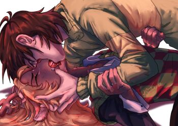 1girl 1other alien_stage animal_ears antlers blonde_hair blood checkered_sweater_vest closed_eyes commentary deer_antlers deer_ears deer_girl deltarune earrings english_commentary furry furry_female gem green_sweater hand_on_another's_face heart-shaped_gem highres holding_another's_arm horns jewelry kiss kris_(deltarune) long_hair long_sleeves noelle_holiday other_with_female red_gem ring signature sushieartz sweater thorn_ring_(deltarune) utdr_(toby_fox) weird_route_(deltarune)