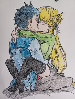 1boy 1girl absurdres agnes_claudel aramis_high_school_uniform blonde_hair blue_coat blue_hair closed_eyes coat couple eiyuu_densetsu french_kiss greyscale highres hug kiss kneehighs kuro_no_kiseki_(series) monochrome school_uniform simple_background socks takuu_(seadog6662) van_arkride