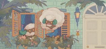 :d bell commentary cottonee curtains day door evolutionary_line gen_5_pokemon happy highres leaf litong994 nintendo no_humans open_mouth outdoors pokemon pokemon_(creature) pokemon_focus smile symbol-only_commentary whimsicott window yellow_eyes