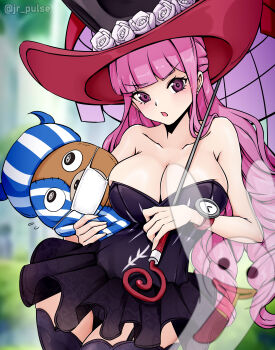 1girl absurdres bare_shoulders breasts cleavage female_focus ghost hat highres jrpulse large_breasts long_hair looking_at_viewer one_piece perona pink_hair purple_eyes solo thighhighs tongue tongue_out umbrella