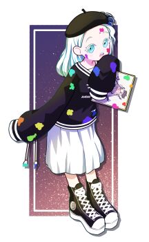 Rule 34 | 1girl, beret, black shirt, blue eyes, border, commentary, full body, haneuzu miuneru, hat, highres, long sleeves, looking at viewer, onpa (onpa sound), open mouth, ringed eyes, shirt, shoes, skirt, sleeves past fingers, sleeves past wrists, sneakers, solo, untranslatable commentary, transparent border, virtual youtuber, voms, white hair, white skirt