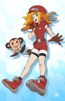 1girl :d belt bike_shorts blonde_hair breasts brown_gloves newsboy_cap commentary data_(mega_man) english_commentary full_body gloves green_eyes hat highres holding holding_wrench long_hair looking_at_viewer medium_breasts mega_man_(series) mega_man_legends_(series) monkey mx._moz open_mouth roll_caskett_(mega_man) short_sleeves smile wrench