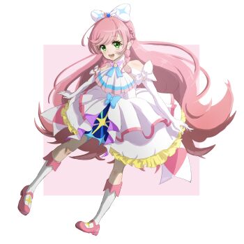 Rule 34 | 1girl, absurdres, ascot, blue bow, boots, bow, braid, brooch, center frills, commentary, crown braid, cure prism, dress, dress bow, elbow gloves, frilled dress, frills, glove bow, gloves, green eyes, hair bow, highres, hirogaru sky! precure, jewelry, knee boots, layered dress, leaning forward, long hair, looking at viewer, magical girl, medium dress, nijigaoka mashiro, open mouth, pink background, pink hair, precure, sauna detective, side braids, sleeveless, sleeveless dress, smile, solo, standing, very long hair, white ascot, white boots, white bow, white dress, white gloves, wing brooch