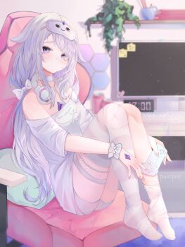 Rule 34 | 1girl, absurdres, asymmetrical legwear, bow, closed mouth, controller, couch, feet, game controller, hair bow, hashtag-only commentary, headphones, headphones around neck, highres, holding, holding controller, holding game controller, hololive, hololive english, indoors, knees up, koseki bijou, koseki bijou (pebble pajamas), long hair, long sleeves, looking at viewer, off shoulder, on couch, purple eyes, purple hair, pwequu, sitting, sleep mask, smile, socks, solo, striped clothes, striped socks, striped thighhighs, television, thigh strap, thighhighs, uneven legwear, virtual youtuber, white bow