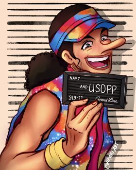 Rule 34 | 1boy, artist name, barbie (franchise), barbie (live action), barbie mugshot (meme), black hair, blush, chikariart, commentary, highres, long nose, looking at viewer, male focus, meme, one piece, open mouth, sleeveless, sleeveless jacket, smile, solo, twitter username, upper body, usopp, visor cap, wristband