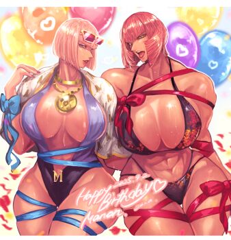 1girl 2025 2girls abs balloon bikini blue_eyes christianity commentary dated green_eyes happy_birthday highres manon_legrand marisa_(street_fighter) medallion multiple_girls muscular muscular_female official_alternate_costume pink_hair short_hair street_fighter street_fighter_6 swimsuit zuman_(zmnjo1440)