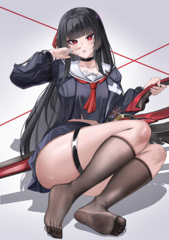 1girl absurdres arm_up black_choker black_hair black_jacket black_serafuku black_shirt black_skirt black_socks breasts chisa_(wuthering_waves) choker collarbone commentary crop_top feet hair_ribbon highres holding holding_sword holding_weapon jacket kaijiba long_hair looking_at_viewer medium_breasts mole mole_under_eye neckerchief no_shoes parted_lips red_eyes red_neckerchief red_ribbon ribbon sailor_collar school_uniform serafuku shirt sitting skindentation skirt socks solo sword thigh_strap thighs toes v very_long_hair weapon white_sailor_collar wuthering_waves