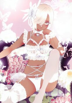 1girl blonde_hair blush bow bowtie breasts bug butterfly choker cosplay cuffs dark_skin floral_background floral_print flower frills fukuda_shinichi garter_straps hair_bow hair_over_one_eye hand_on_own_face heart highres insect kitagawa_marin leg_up lingerie medium_breasts navel official_alternate_costume official_art pink_background prisoner_veronica prisoner_veronica_(cosplay) short_hair sitting sono_bisque_doll_wa_koi_wo_suru tan thighhighs third-party_source underwear white_bow white_bowtie white_choker white_thighhighs wrist_cuffs yellow_eyes