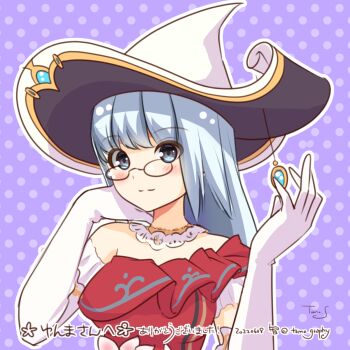 1girl arcane_master_(ragnarok_masters) black-framed_eyewear blue_eyes blue_hair blush closed_mouth commentary_request dated dress elbow_gloves glasses gloves hat highres long_hair looking_at_viewer polka_dot polka_dot_background purple_background ragnarok_masters ragnarok_online red_dress sakuraji_tomoka signature single_strap smile solo translation_request upper_body white_gloves white_hat witch_hat