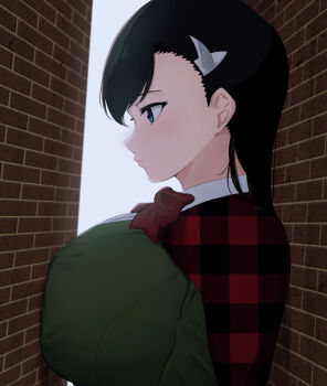 1girl backlighting black_hair blue_eyes bow bowtie breasts brick_wall burn_the_witch capelet commentary_request expressionless from_side green_jacket hair_behind_ear highres huge_breasts jacket nayutayutautau niihashi_noel plaid_capelet plaid_clothes red_bow red_bowtie red_capelet school_uniform solo stuck upper_body