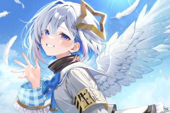 :d aiguillette amane_kanata amane_kanata_(1st_costume) angel_wings black_skirt blue_bow blue_bowtie blue_hair blue_sky bob_cut bow bowtie cloud colored_inner_hair commentary_request day falling_feathers feathered_wings feathers frilled_skirt frills grey_hair grey_jacket grin halo highres hololive jacket long_sleeves looking_at_viewer miniskirt multicolored_hair open_mouth outdoors pink_streaks purple_eyes sailor_collar short_hair single_hair_intake skirt sky sleeve_cuffs smile star_halo streaked_hair tilted_halo turtleneck uekana9 virtual_graduation_commemoration virtual_youtuber waving white_sailor_collar white_wings wings