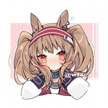 1girl angelina_(arknights) animal_ears arknights black_collar black_gloves blush brown_hair closed_mouth collar cropped_torso earpiece fox_ears fox_girl gloves hairband hands_up infection_monitor_(arknights) itsuki_02 jacket long_hair long_sleeves looking_at_viewer nose_blush pink_background portrait puffy_long_sleeves puffy_sleeves red_eyes red_hairband red_jacket shirt simple_background solo striped_clothes striped_hairband twintails twitter_username upper_body white_background