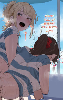 2girls against_table blonde_hair blue_shirt braid breasts brown_hair doggystyle english_text group_sex highres implied_sex large_breasts long_hair looking_at_back love_live! love_live!_nijigasaki_high_school_idol_club midriff miyashita_ai multiple_girls okpriko open_fly open_mouth osaka_shizuku out-of-frame_censoring out_of_frame ponytail sex sex_from_behind shirt short_sleeves steam stomach striped_clothes striped_shirt table thighs threesome tied_shirt wet yellow_eyes