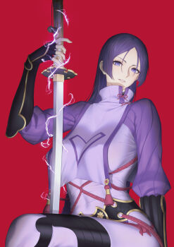 1girl bodysuit breasts dress fate/grand_order fate_(series) gloves highres holding holding_sword holding_weapon katana large_breasts lightning long_hair long_sleeves looking_at_viewer minamoto_no_raikou_(fate) minamoto_no_raikou_(first_ascension)_(fate) nmi parted_bangs purple_bodysuit purple_dress purple_eyes purple_hair revision ribbed_sleeves skin_tight smile solo sword very_long_hair weapon