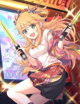 Rule 34 | 1girl, :d, absurdres, arcade cabinet, black skirt, blonde hair, breasts, candle, cherry blossom print, cherry blossoms, dual wielding, english text, floating clothes, floating hair, floral print, food, from side, green eyes, hair between eyes, hair ribbon, highres, holding, jacket, long hair, looking at viewer, medium breasts, monitor, multicolored skirt, ninon (princess connect!), ninon (real) (princess connect!), official art, open clothes, open jacket, open mouth, pink jacket, playing games, playing video games, princess connect!, red ribbon, ribbon, seigaiha, shrimp, shrimp tempura, shuriken hair ornament, skirt, smile, socks, solo, sparkle, standing, standing on one leg, sumo, tempura, thighs, toy sword, w arms