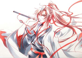 Rule 34 | 1boy, ahoge, black hanfu, brown hair, chenqing flute, chinese clothes, closed mouth, coat, coat on shoulders, commentary request, dizi, floating hair, flute, flute tassel, grey coat, hair ribbon, hand up, hanfu, high ponytail, highres, holding, holding flute, holding instrument, instrument, long hair, long sleeves, looking at viewer, male focus, marker (medium), modao zushi, mugiwara0077, official alternate costume, over shoulder, parted bangs, ponytail, red eyes, red ribbon, red sash, ribbon, robe, sash, sidelocks, simple background, solo, tassel, traditional media, transverse flute, upper body, very long hair, wei wuxian, wei wuxian (yiling laozu), white background, wide sleeves