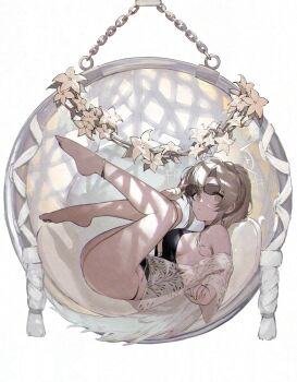 1girl adjusting_eyewear anklet anths barefoot basket_swing blue_archive breasts brown_eyes brown_hair flower full_body halo highres jewelry lily_(flower) looking_at_viewer medium_breasts nagisa_(blue_archive) nagisa_(swimsuit)_(blue_archive) official_alternate_costume on_swing sideboob simple_background solo sunglasses swimsuit swing white_background white_lily wings