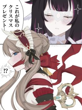 bare_shoulders black_bow black_hair blue_eyes bound bow cleave_gag closed_eyes cloth_gag columbina_(genshin_impact) commentary_request frilled_hairband frills gag gagged genshin_impact grey_hair hair_bow hairband improvised_gag long_hair multicolored_hair nari228_gs purple_hair red_hairband sandrone_(genshin_impact) simple_background streaked_hair tied_up_(nonsexual) upper_body white_background