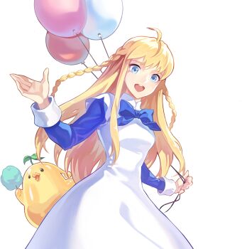 Rule 34 | ahoge, alpha transparency, artist request, balloon, bird, blonde hair, blue bow, blue eyes, blue sleeves, bow, braid, breasts, cotton candy, dress, dress bow, food, high collar, holding, holding balloon, holding cotton candy, holding food, ispin charles, jellyppi, layered dress, layered sleeves, leaf, leaf jellyppi, long dress, long hair, long sidelocks, long sleeves, looking at viewer, low-braided long hair, low-tied long hair, medium breasts, narrow waist, nexon, official art, open hand, open mouth, second-party source, short over long sleeves, short sleeves, sidelocks, sleeve cuffs, slime (creature), straight hair, tales weaver, teeth, tongue, twin braids, upper teeth only, very long hair, waving, white sleeves, yellow bird