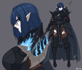 1girl absurdres armor armored_boots axe black_armor black_cape black_lips blue_eyes blue_fire blue_hair bodystocking boobplate boots breastplate bridal_gauntlets cape commentary english_commentary fire gauntlets grey_background highres holding holding_axe holding_weapon lips lipstick looking_at_viewer makeup mawaridi original pale_skin parted_lips pauldrons pelvic_curtain pointy_ears profile short_hair shoulder_armor simple_background solo torn_bodystocking torn_cape torn_clothes twitter_username weapon