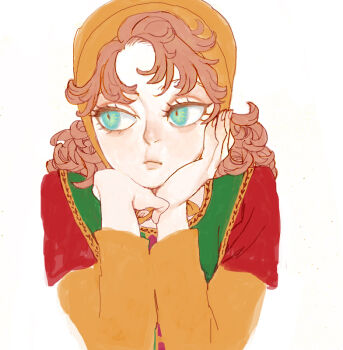 1girl brown_hair closed_mouth commentary_request curly_hair dragon_quest dragon_quest_vii dress green_eyes hand_on_own_chin hood kikuwo lips long_hair maribel_(dq7) simple_background solo white_background