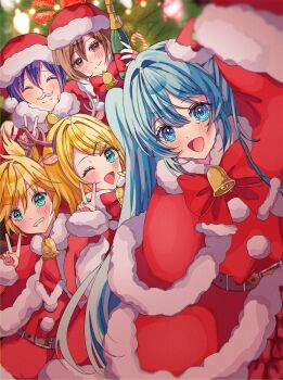 2boys 3girls aqua_eyes aqua_hair arm_up bell blonde_hair blue_hair blush bow brown_eyes brown_hair capelet christmas_tree closed_eyes commentary_request dress fingernails fur-trimmed_capelet fur-trimmed_dress fur-trimmed_sleeves fur_trim green_eyes hat hatsune_miku highres kagamine_len kagamine_rin kaito_(vocaloid) long_hair looking_at_viewer meiko_(vocaloid) multiple_boys multiple_girls nail_polish neck_bell open_mouth red_bow red_capelet red_dress red_hat red_nails red_sleeves santa_costume santa_dress santa_hat short_hair siblings sisters smile tsfl0017 twins twintails v very_long_hair vocaloid
