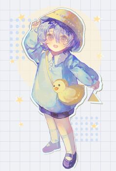 1boy aged_down animal_bag black_shoes black_shorts blue_hair blue_shirt buttons child chinese_commentary collared_shirt commentary_request dr._ratio_(honkai:_star_rail) enderrabbit flag full_body grid_background hair_between_eyes hat heart heart_in_mouth highres holding holding_flag honkai:_star_rail honkai_(series) kindergarten_uniform kneehighs long_sleeves male_focus mary_janes open_mouth red_eyes school_hat shirt shoes shorts smile socks solo white_socks yellow_bag yellow_hat