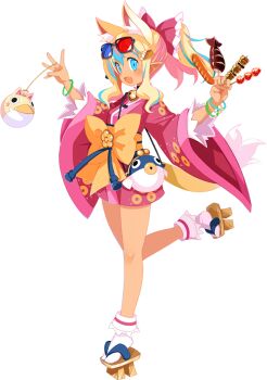 Rule 34 | 1girl, 3d glasses, animal ear fluff, animal ears, bell, between fingers, blonde hair, blue-tinted eyewear, blue hair, bracelet, coin, disgaea, disgaea rpg, dog ears, dog girl, dog tail, drinking, fang, food, full body, gold, harada takehito, heterochromatic eyewear, holding, holding food, japanese clothes, jewelry, kimono, koban (gold), long hair, long sleeves, makai senki disgaea 7, multicolored hair, multiple views, neck bell, non-web source, obi, official art, open mouth, outstretched arm, photoshop (medium), pink hair, pirilika (disgaea), platform sandals, pointy ears, red-tinted eyewear, sandals, sash, sausage, simple background, solo, solo focus, standing, standing on one leg, streaked hair, sunglasses, tail, text focus, tinted eyewear, tongue, white background, wide sleeves, yukata