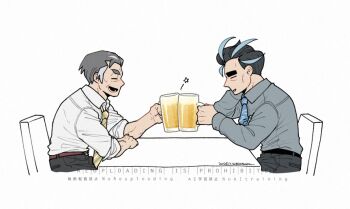 2boys alcohol batabiru beer beer_mug black_hair chair closed_eyes collared_shirt cup from_side grey_hair grey_shirt holding holding_cup kabu_(pokemon) larry_(pokemon) long_sleeves mug multiple_boys necktie nintendo old old_man on_chair open_mouth pokemon pokemon_sv pokemon_swsh shirt short_hair sitting sleeves_rolled_up table toasting_(gesture) upper_body white_shirt