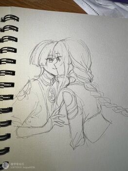 1boy 1girl armor art_tools_in_frame blunt_bangs blunt_ends bodysuit braid closed_mouth eye_contact eyelashes face-to-face genshin_impact graphite_(medium) highres huiyue1016 imminent_kiss incest japanese_armor japanese_clothes jewelry kimono kote leaning_forward lofter_username long_hair looking_at_another low-braided_long_hair low-tied_long_hair mandarin_collar mitsudomoe_(shape) mother_and_son neck_ring open_clothes open_kimono parted_lips raiden_shogun scaramouche_(genshin_impact) short_sleeves single_sidelock single_sode sketch smile tomoe_(symbol) traditional_media