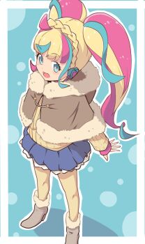 Rule 34 | 1girl, :d, ahoge, bad id, bad twitter id, blonde hair, blue background, blue eyes, blue hair, blue skirt, blunt bangs, border, braid, brown capelet, capelet, cbgb, crown braid, daia (pri chan), full body, fur-trimmed capelet, fur-trimmed shoes, fur trim, highres, hood, hood down, hooded capelet, image sample, kiratto pri chan, long hair, long sleeves, looking at viewer, multicolored hair, open mouth, outside border, pantyhose, pink hair, pretty series, sidelocks, skirt, smile, solo, standing, streaked hair, twintails, twitter sample, white border, winter clothes