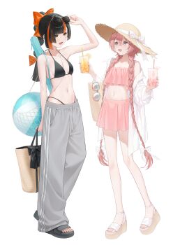 2girls absurdres alternate_costume amayui_moka bag bare_shoulders bikini black_bikini black_hair black_sandals blunt_bangs blunt_ends bokuhakiyoshi bow braid choya_hanabi commentary_request cup drawstring drink drinking_glass drinking_straw eyeliner facial_mark full_body grey_hair grey_pants hair_between_eyes hair_bow handbag hat highres holding holding_cup looking_at_another low_twin_braids makeup midriff multi-tied_hair multicolored_hair multiple_girls nail_polish navel open_clothes open_mouth open_shirt pants pink_hair platform_sandals ponytail red_bow red_eyeliner sandals shirt simple_background single_off_shoulder standing straw_hat streaked_hair sunglasses swimsuit track_pants twin_braids virtual_youtuber vspo! white_background white_bow white_shirt yellow_eyes