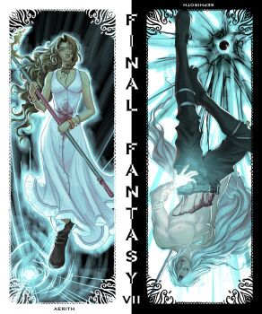 1boy 1girl aerith_gainsborough bangle bare_shoulders black_boots black_pants blood blood_on_clothes blood_on_stomach boots bracelet breasts brown_boots brown_hair character_name choker commentary dress final_fantasy final_fantasy_vii final_fantasy_vii_rebirth final_fantasy_vii_remake flower_choker full_body glowing glowing_hand green_eyes grey_hair hair_between_eyes highres holding holding_staff jewelry long_dress long_hair materia medium_breasts muscular muscular_male pants parted_bangs parted_lips pink_dress sephiroth sidelocks sleeveless sleeveless_dress staff sundress sxpervillain symbol-only_commentary topless_male