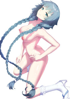 1girl absurdres aqua_eyes aqua_hair braid closed_mouth commentary_request hand_on_own_hip high_heels highres kneehighs kneeling long_hair looking_at_viewer naked_footwear nipples nude okina_(805197) shoes smile socks solo soushuu_senshinkan_gakuen_hachimyoujin tatsumiya_yurika thighs twin_braids variant_set white_shoes white_socks