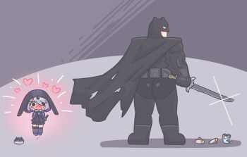 :> absurdres ass bandaid bandaid_on_cheek bandaid_on_face bandaid_on_knee bandaid_on_leg batman batman:_arkham_(series) batman_(cosplay) blush cape chattino_(raora_panthera) cosplay hair_over_one_eye heart highres hololive hololive_english hood hooded_jacket jacket jetpack jewel_under_eye jumping katana koseki_bijou koseki_bijou_(casual) mpien open_mouth pebble_(koseki_bijou) purple_hair short_hair smile sword virtual_youtuber weapon